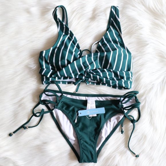 NEW Green White Stripe Strappy Bikini Set Size Medium - Picture 3 of 9